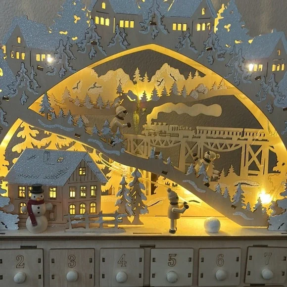 NEW Ridgefield Home Christmas Trees Advent Calendar House Wood Led Kids Skiing - Picture 3 of 3